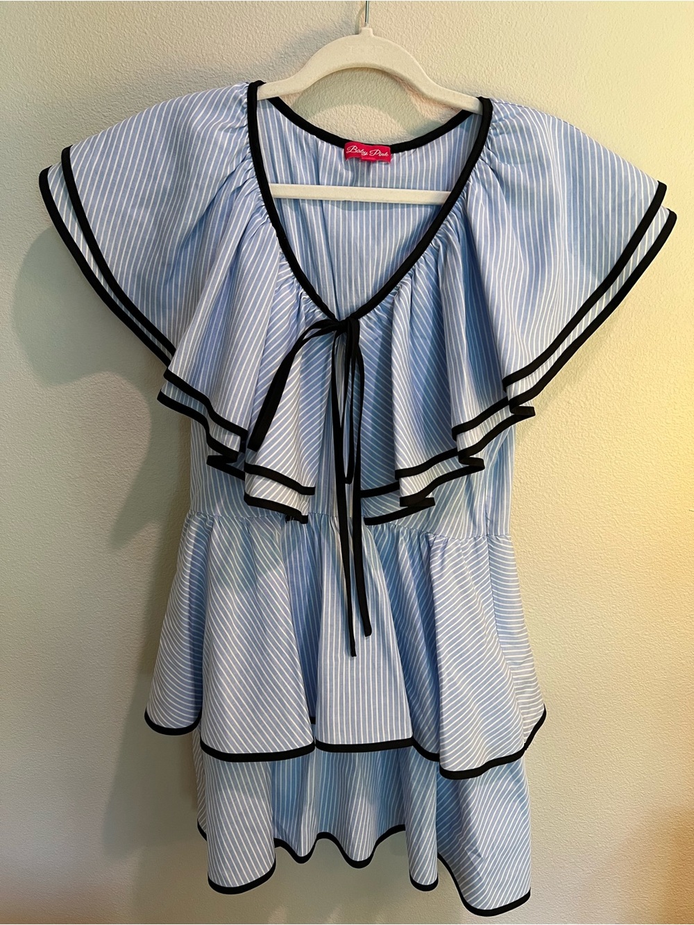 PIN STRIPE DOUBLE RUFFLE MINI DRESS - Picture 3 of 6